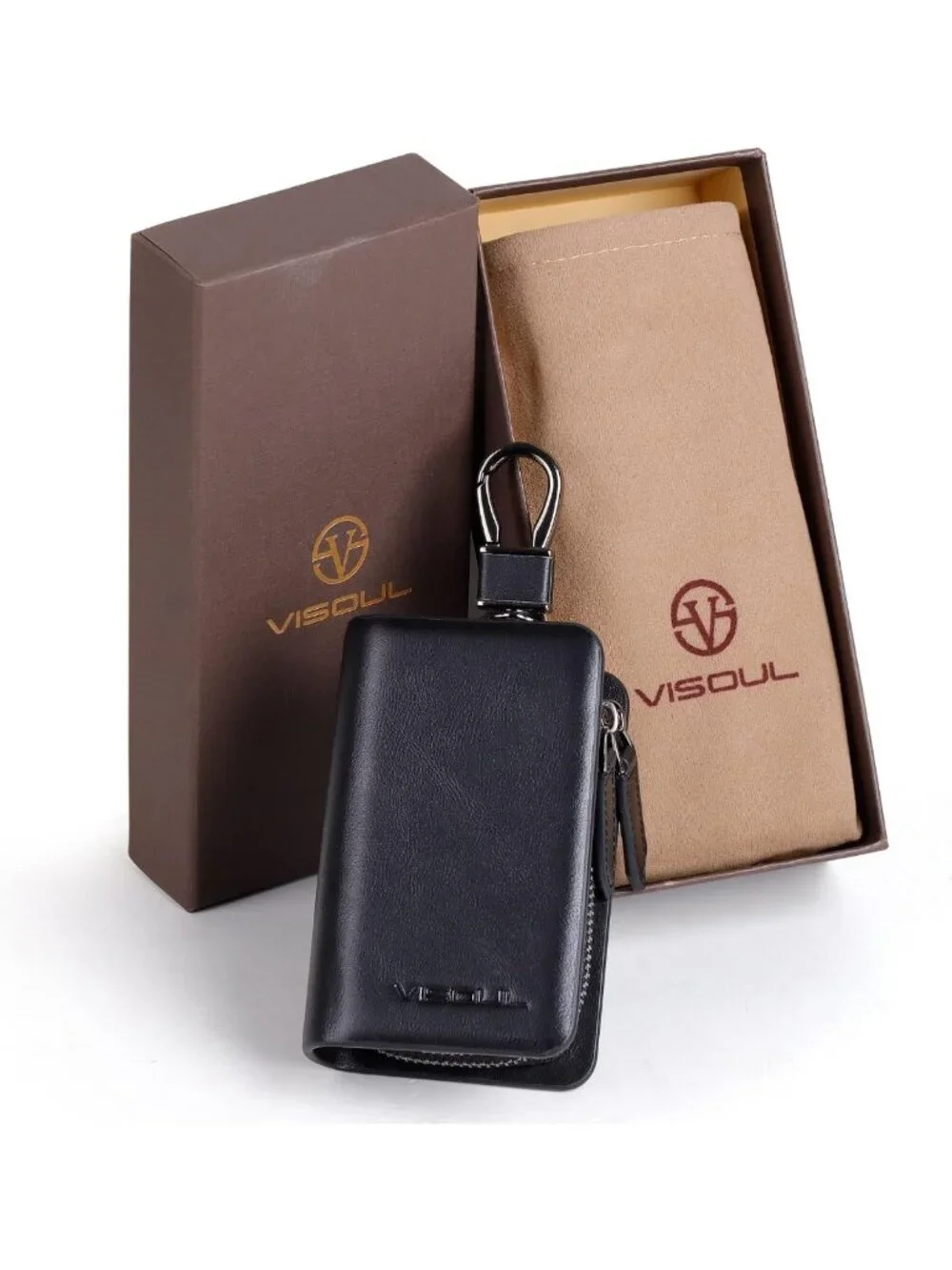 Leather Car Key Fob Case Holder with Double Zipper & Keychain for Men & Women